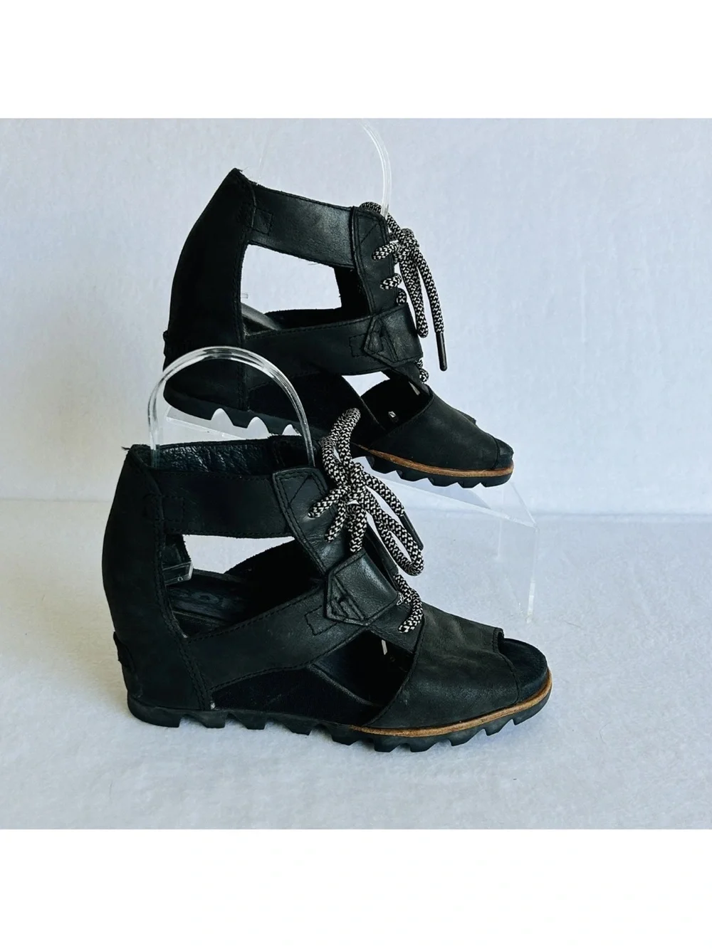 SOREL Women’s Joanie II Lace Up Wedge Leather Sandals Size 6.5 Black Sea Salt
